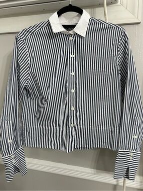J. Crew Navy and White Striped Button-Down Shirt with White Collar